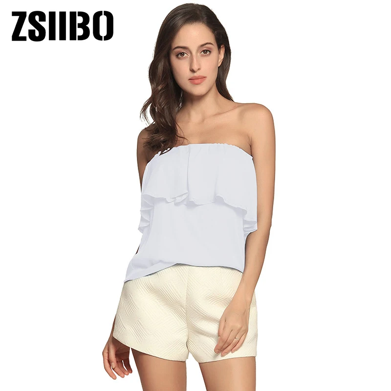 

Off The Shoulder Blouse Women elegant Ruffles Sleeveless Chiffon Shirts Sexy Tube Blouse Plus Size Women Clothing