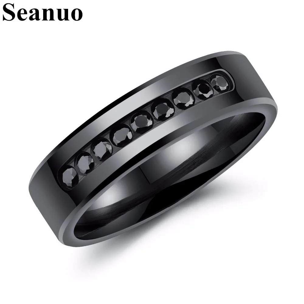 

Seanuo 6MM Black Channel Setting CZ Stone Men Wedding Rings Fashion Stainless Steel Male Charm Party Biker Finger Rings For Boys