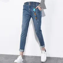 Лето-осень Высокая талия женские джинсы деним брюки рваные джинсы женские стрейч джинсы Haren одежда больших размеров, брюки с начесом, Размеры