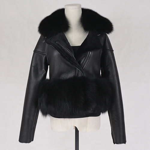 Короткое двухстороннее пальто из овчины, зимнее женское стриженое пальто из натуральной кожи, пальто с воротником из лисьего меха - Цвет: black