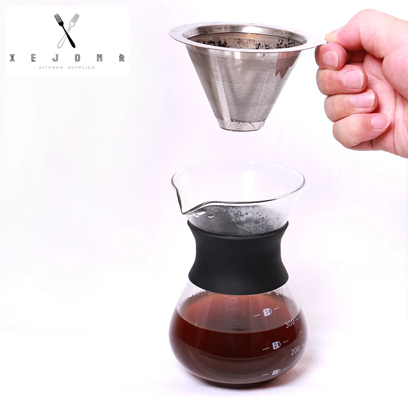 XEJONR 2018 الزجاج القهوة مرشحات الفولاذ المقاوم للصدأ تصفية مكافحة السمط سيليكون مقبض Coffeeware إسبرسو 400 ملليلتر مكافحة الحرارة الزجاج