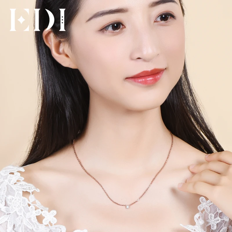 EDI Classic 0.1ct Princess Cut Natural Diamond Wedding Pendant For Women 18K Solid Rose Gold Pendant 16' Necklace Chain Jewelry