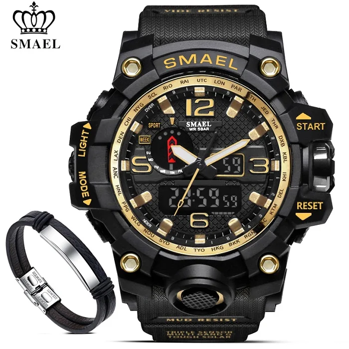 SMAEL, мужские военные водонепроницаемые цифровые часы 50 м, мужские светодиодный кварцевые часы, спортивные часы, мужские часы 1545+ Набор браслетов - Цвет: 1545 Black Gold