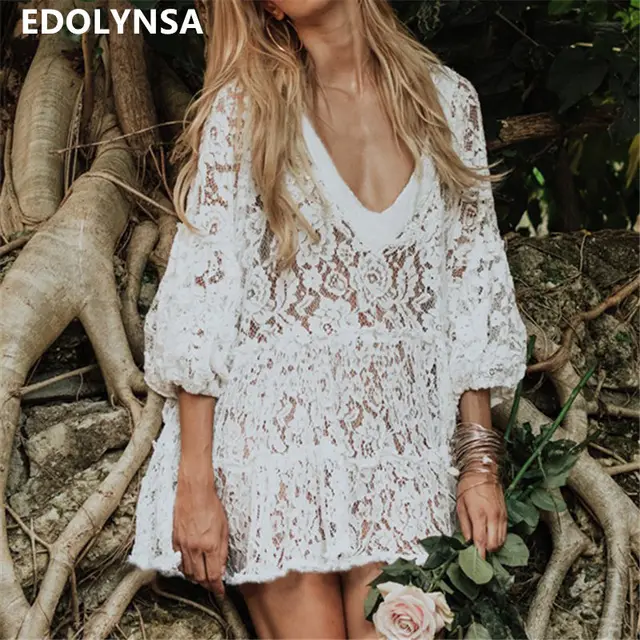 Us 1165 50 Offlace Swimsuit White Beach Dress Tunics For Beach Bathing Suit Women Beach Kaftan Pareo Beach Swimwear Robe De Plage Sarong Q644 In