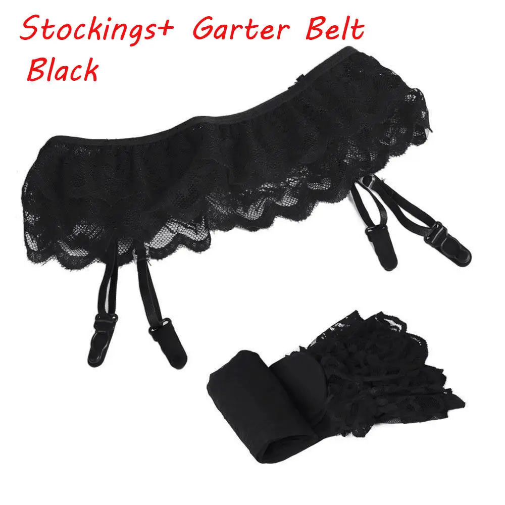 Black 1 комплект, Модные женские сексуальные кружевные чулки с мягким верхом+ Пояс для чулок, черный и белый цвета - Цвет: Black