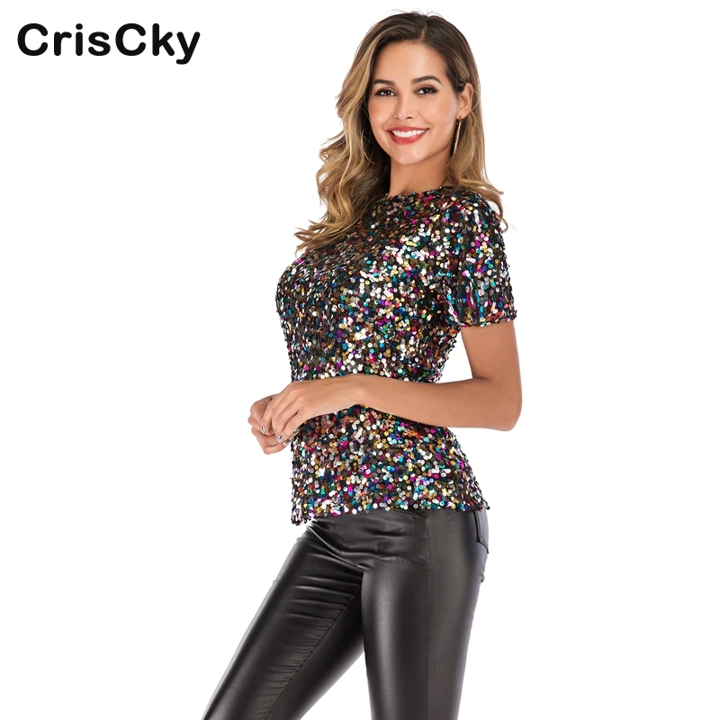 

CRISCKY Hot 2019 Women T-shirt Top Women O Neck Short Sleeve Black Sequins Broadcloth T Shirt Ladies Party Club Casual Sexy Tees