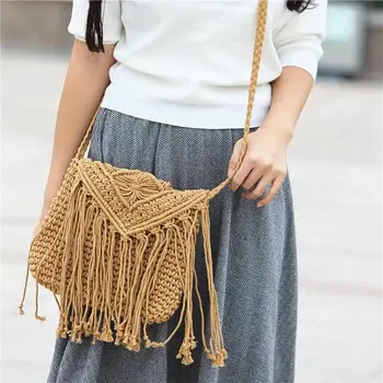 

JHD-Fashion Casual Straw Bag Hollow Tassel Beach Bag Flip Hand Woven Bag Cotton Rope Shoulder Bag Crossbody (Brown)
