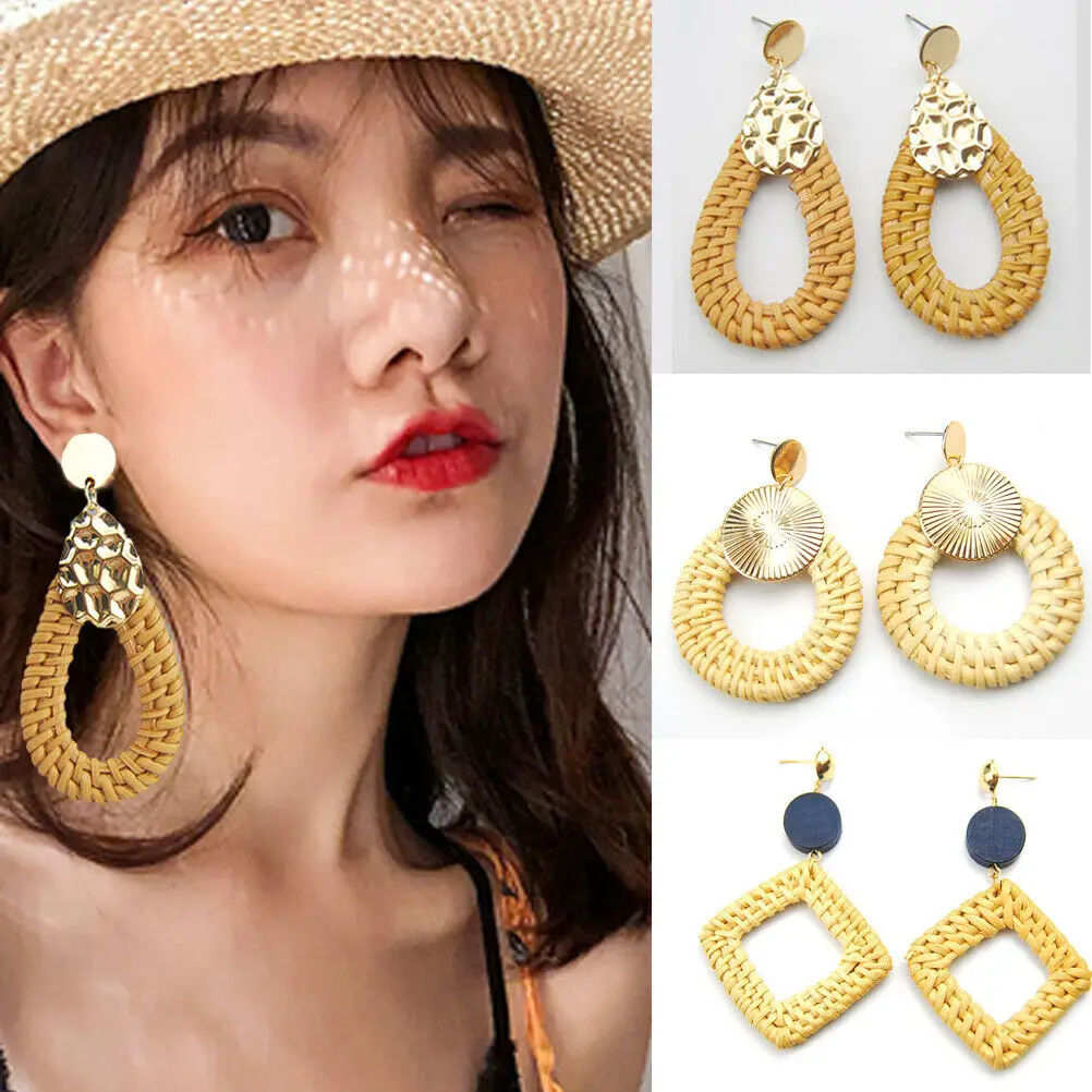 

Fashion Boho Beach Style Hand Straw Rattan Woven Ear Stud Dangle Earrings Womens Jewellry Party