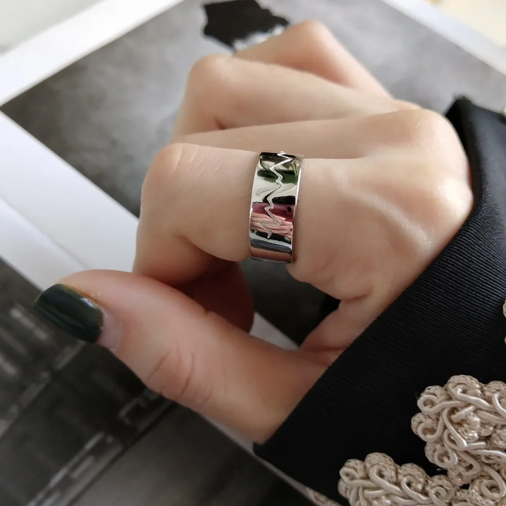 

1pc Authentic S925 Sterling Silver Fine Jewelry Glossy Waterwave Wave Engraved Band Wider Long Ring J272