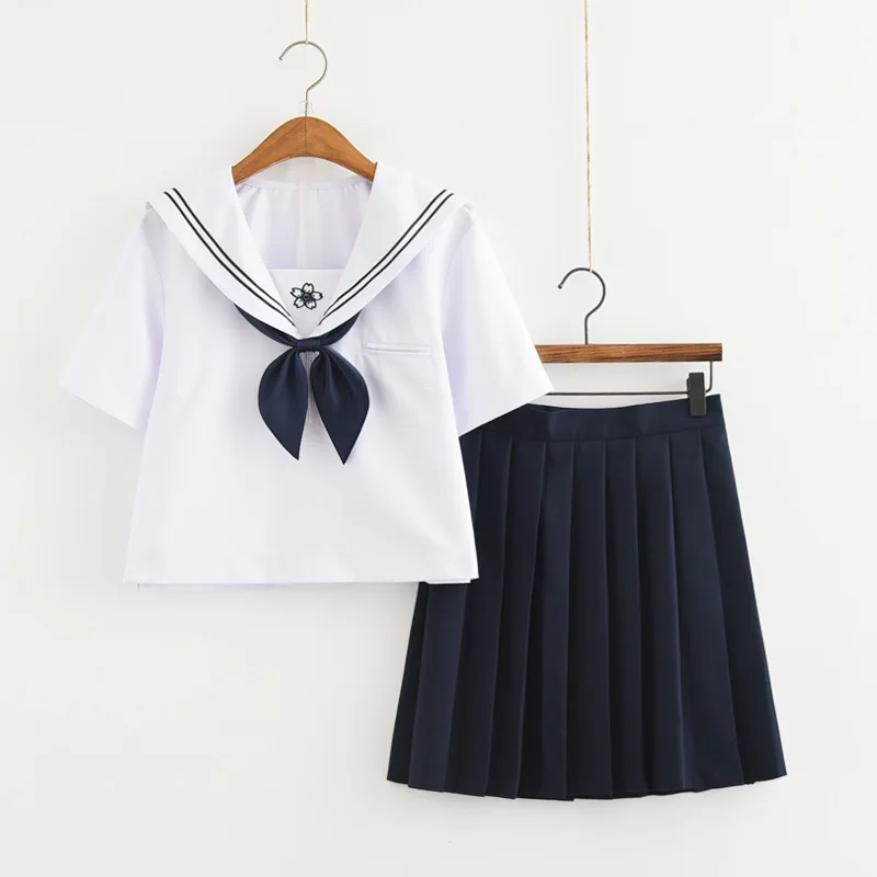 

Japanese High school student Uniform Dress women Lolita High School Chorus dress blue sakura embroidery Sailor collar dress