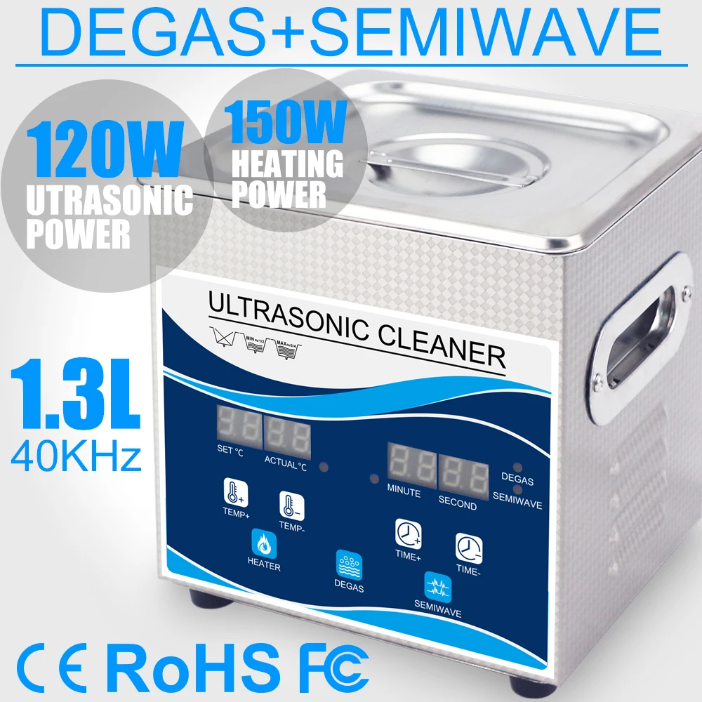 

Ultrasonido Cleaner 120W 1.3L Bath Heater Degas Variable Wave Ultrasound Jewellery Tableware Ring Bullet Printer Head Injector