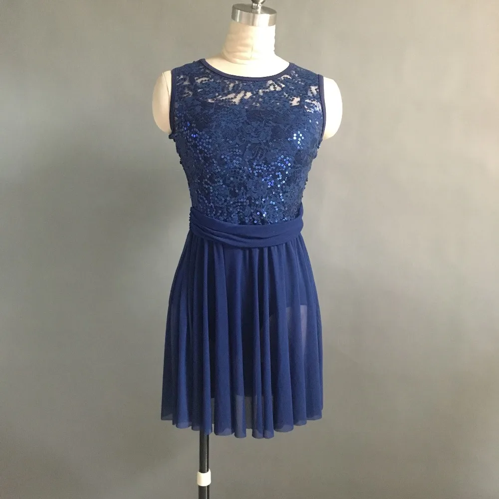 

Girls Navy blue Lyrical Dress Stage Wear Sequins Lace Bodice Leotard Dress Adult Ballet/Contemporary Performance Dance Costume