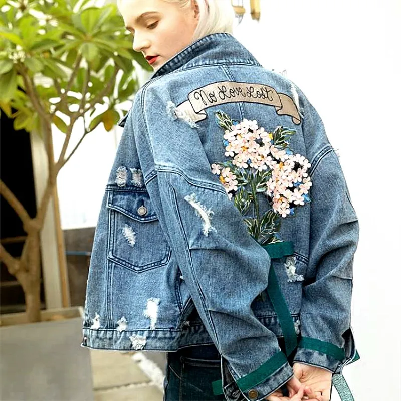 

Denim jacket women embroidery flower appliques letters jeans jacket women outerwear coat loose OVERSIZED causal clothing NZ13