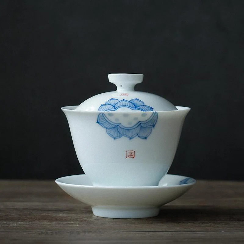 

PINNY 185ML Handpainted Lotus Gaiwan Jingdezhen Porcelain Tea Tureen Chinese Kung Fu Tea Set Traditional Chinese Drinkware
