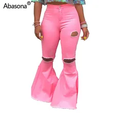 Abasona Новые однотонные женские осенние джинсовые со средней талией с дырками на молнии, расклешенные длинные джинсы, модная одежда для активного отдыха, длинные джинсовые штаны, брюки