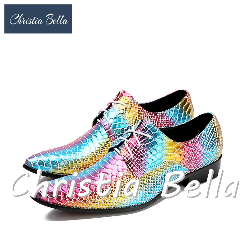 

Christia Bella Italian Style Painted Leather Men's Formal Shoes Party Slip On Oxfords Pointy Toe Rainbow Color Male Dress Shoes