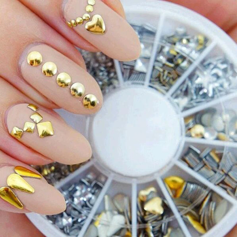 

TOMTOSH 140Pcs Gold / Silver Metal Nail Art Decor Rhinestones Tips Metallic Studs tools sticker