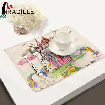 

Miracille Coasters Unicorn Pattern Linen Table Placemats Rectangle Table Mat Dinner Insulation Pads Napkin For Kitchen Accessory