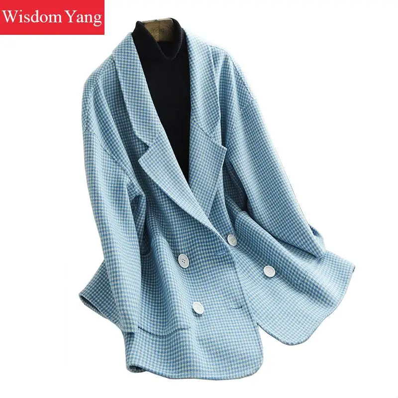 

Elegant Winter Warm Coat Blue Plaid Sheep Wool Jackets Coats Button Womens Korean Casual Oversize Woolen Overcoat Lady Outerwear