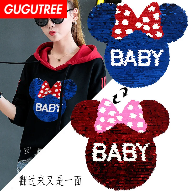 

GUGUTREE embroidery Sequins big mouse patches bowknot patches badges applique patches for clothing XC-274