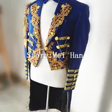 Блестящие синие планки смокинг для мужчин цепи куртка Вышивка сцены цирк одежда костюм верхняя одежда певица наряд
