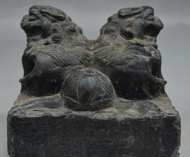 

5" Old China Pure Bronze 2 Lion Foo Fu Dog Without lettering Seal Stamp Signet