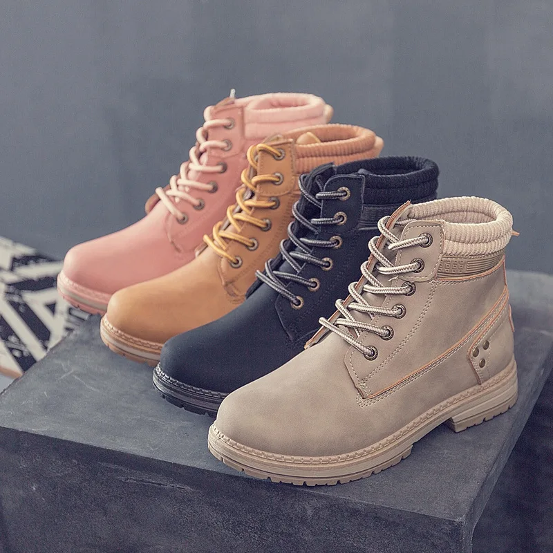 

Women Autumn Boots Spring Pu Leather Waterproof Lace Up Lady Motorcycle Boots Low Tops Solid Color Brown Plus Size 40-41