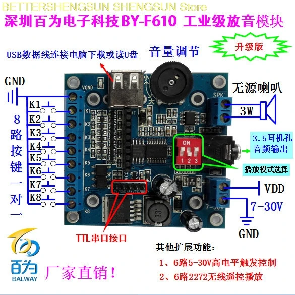 

Free shipping Voice module /USB recording module /12V music player / multi segment audio player BY-F610