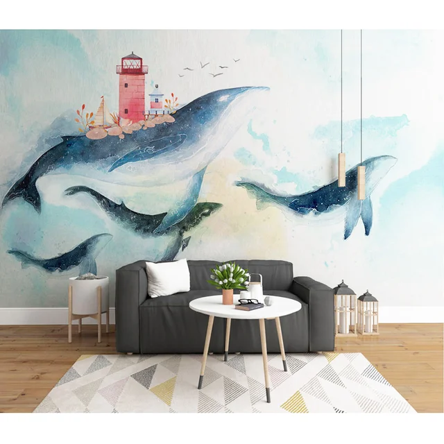 Us 16 71 45 Off Children S Room Wall Papers Cartoon Painted Whale Photo Wallpaper Mural Stickers Kids Bedroom Self Adhesive Vinyl Silk In