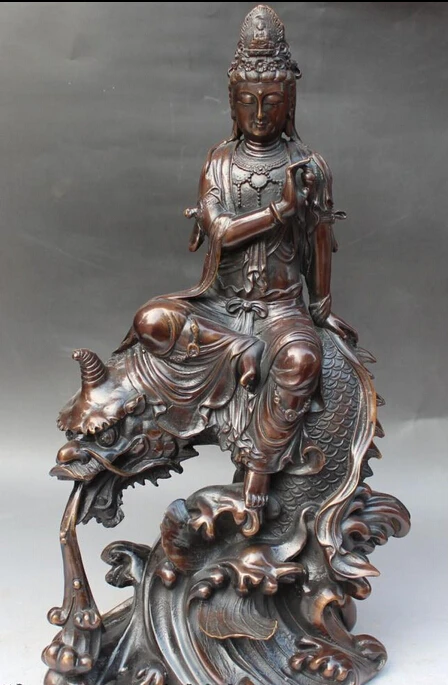 

bir 006069 19" Chinese Buddhism Bronze Ride Dragon Kwan-yin Guan Yin Guanyin Buddha Statue