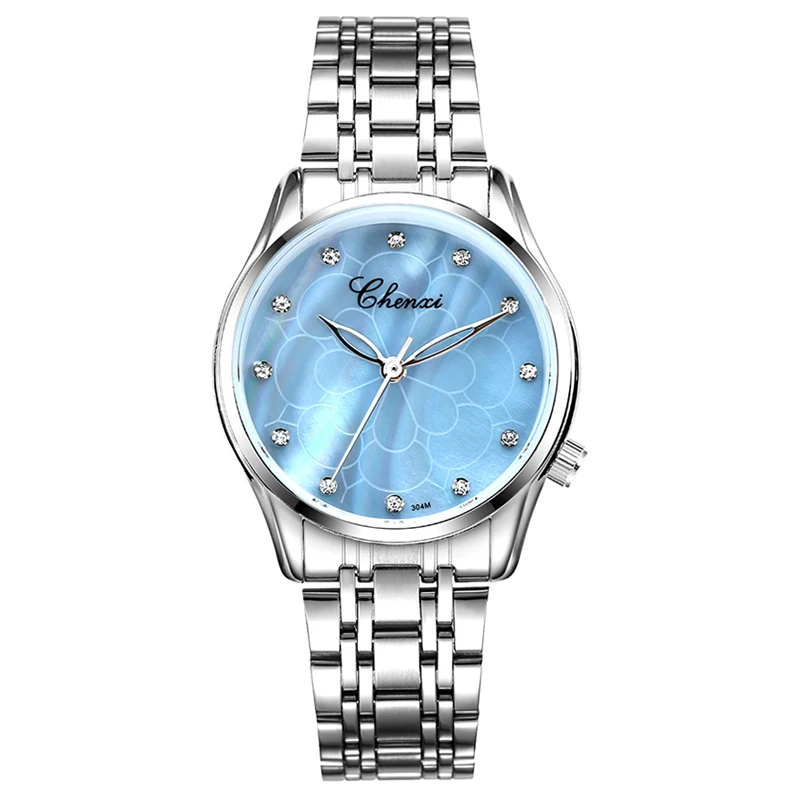 CHENXI брендовые новые модные женские кварцевые часы Роскошные наручные часы женские часы из нержавеющей стали женские кварцевые часы со стразами - Цвет: Light Blue Dial