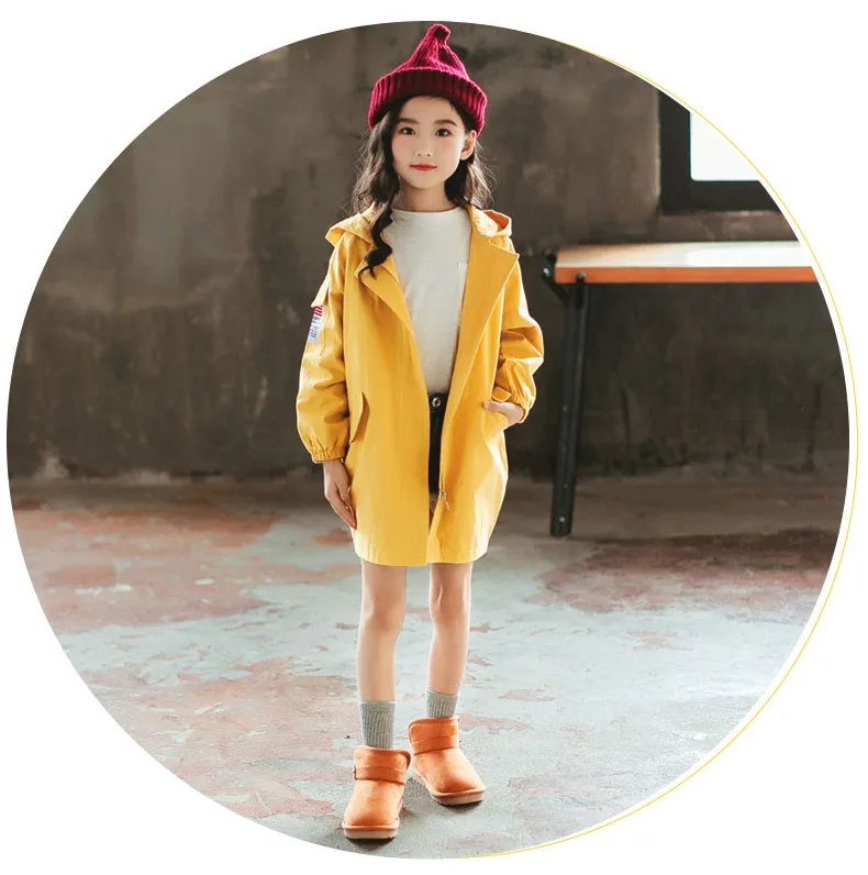 Коллекция года, новое однотонное Свободное пальто для девочек с рисунком, даже шапка уличная ветровка, Длинная ветровка с удлиненной талией, детская одежда
