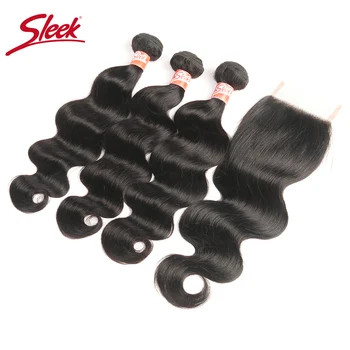 

Sleek Hair Indian Body Wave Bundles With Closure Free/Middle/Three Part 4Pcs Non Remy Human Hair Bundles With Lace Closure