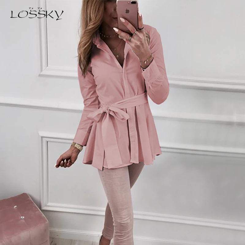 

Lossky Tee Shirts Women Turndown Collar Tops And Blouses Autumn New White Pink Cotton Casual Shirts Ladies Tops With Belt 2019