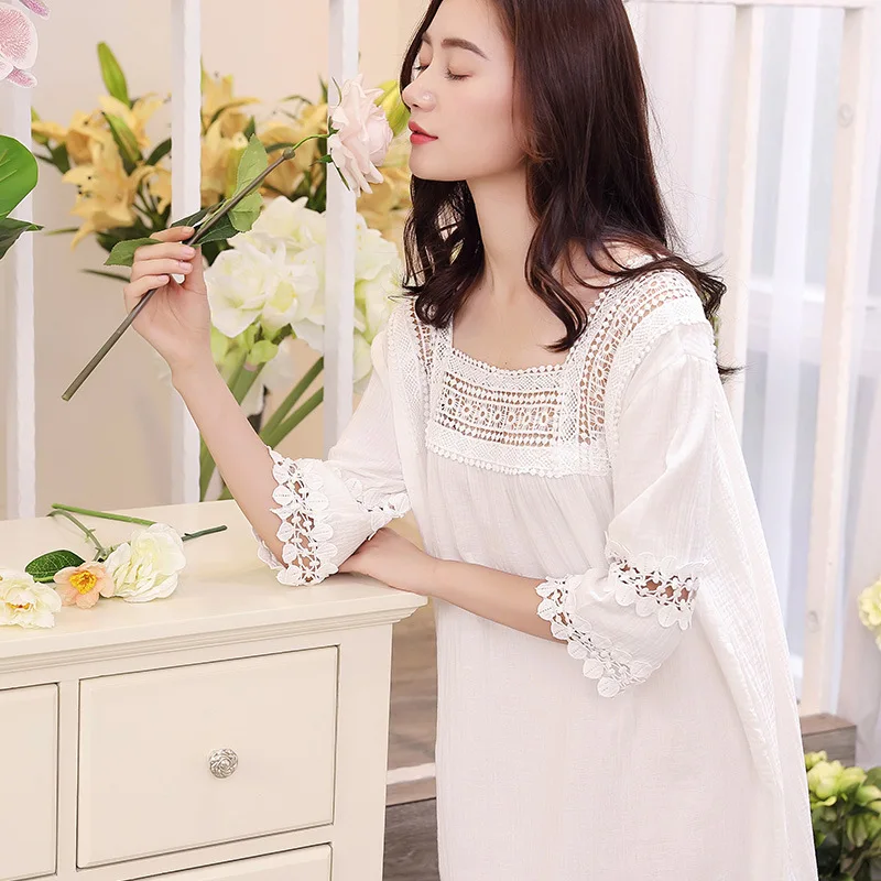 YSMILE Y Cute Sweet Girl Nightgown Cotton Half Sleeve White Patchwork