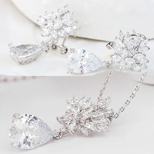 LUOTEEMI, 4 цвета, роскошные женские серьги и ожерелье с кубическим цирконием ААА, покрытые белым золотом, набор для свадебной вечеринки, ювелирные изделия - Окраска металла: Rhodium Clear Set