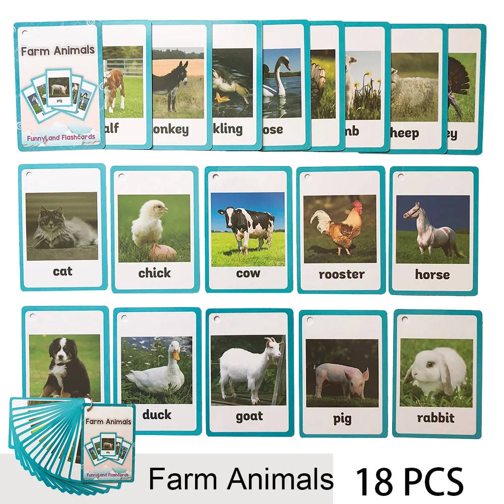 

18 Pcs/Set Sea and Farm Animals English Word Pocket Flash Card Children Learning Card Early Educational Toys