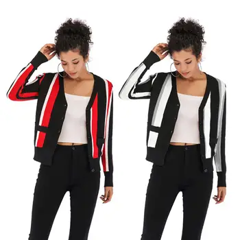 

New Women's Spell Color Vertical Stripe Knit Open Stitch V-Neck Long Sleeve Tops High Quality Size M L XL