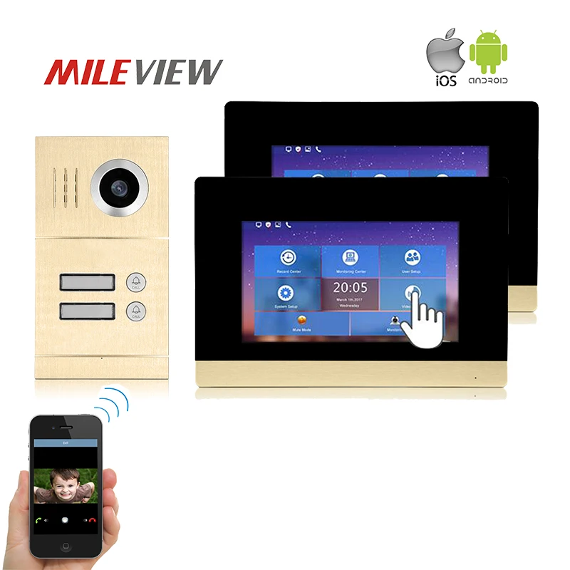 

Free Shipping Two Apartment 1.0MP 720P AHD IP 7" Touch Screen Video Intercom Door Phone Kit Record Monitor for Android IOS Phone