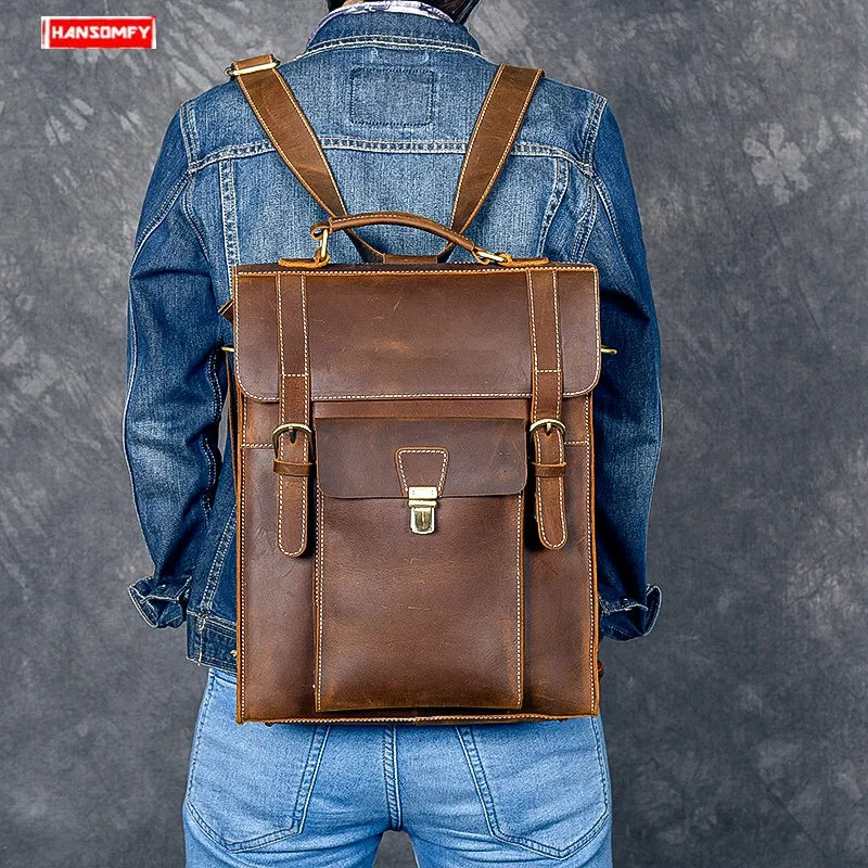 

BJYL Retro crazy horse leather men's backpack computer shoulder bag male large capacity first layer leather travel backpacks