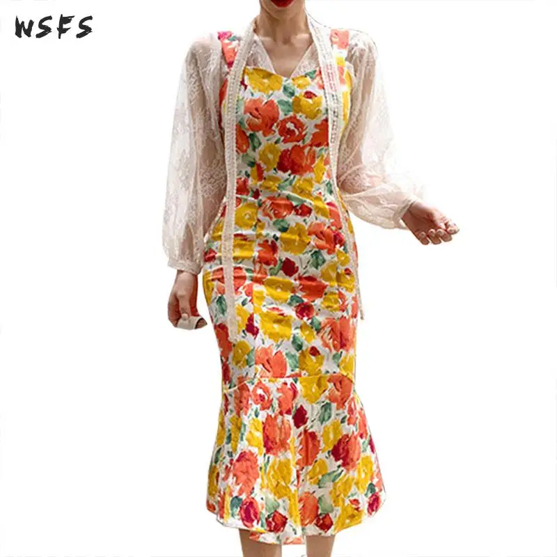 

2 Piece Summer White Lace Long Lantern Sleeve Tops Blouses Yellow Floral Spaghetti Strap Mermaid Dresses Sexy Party Womens Dress