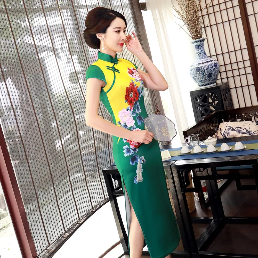 Китайское традиционное зеленое женское Qipao весеннее новое длинное женское платье большого размера 3XL 4XL Vestidso с цветочным принтом винтажное Cheongsam S-44