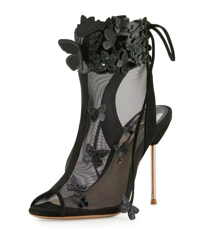 Dipsloot/ г.; модельные свадебные туфли на высоком каблуке с объемными цветами и бабочками; женские летние сандалии-гладиаторы с открытым носком - Цвет: Черный