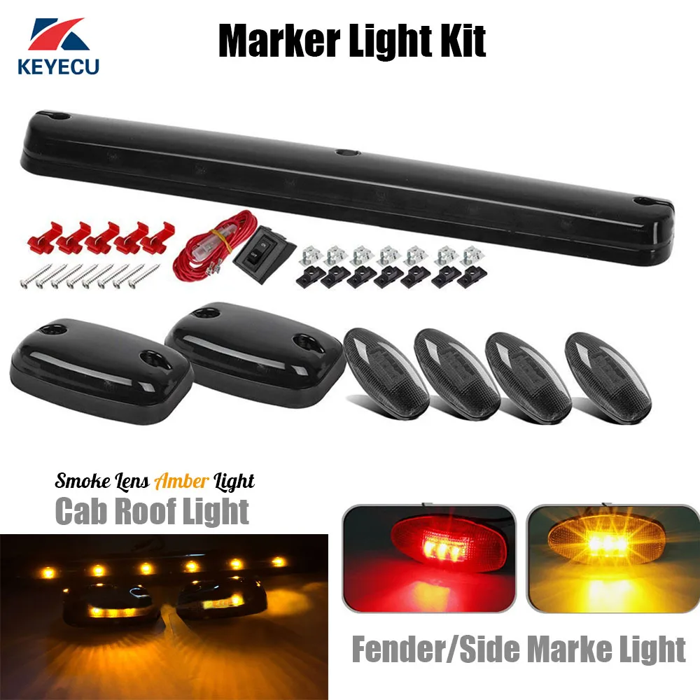 

Keyecu 3x Smoke Lens Amber 12 LED Cab Roof Top Lights + 4x Red/Amber Fender/Side Marker lights for 2007-2014 Chevy/GMC