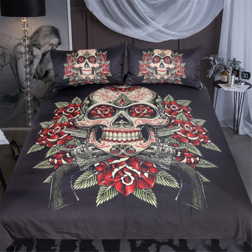 Floral Skull Bedding Set King Vintage Duvet Cover Sugar Skull