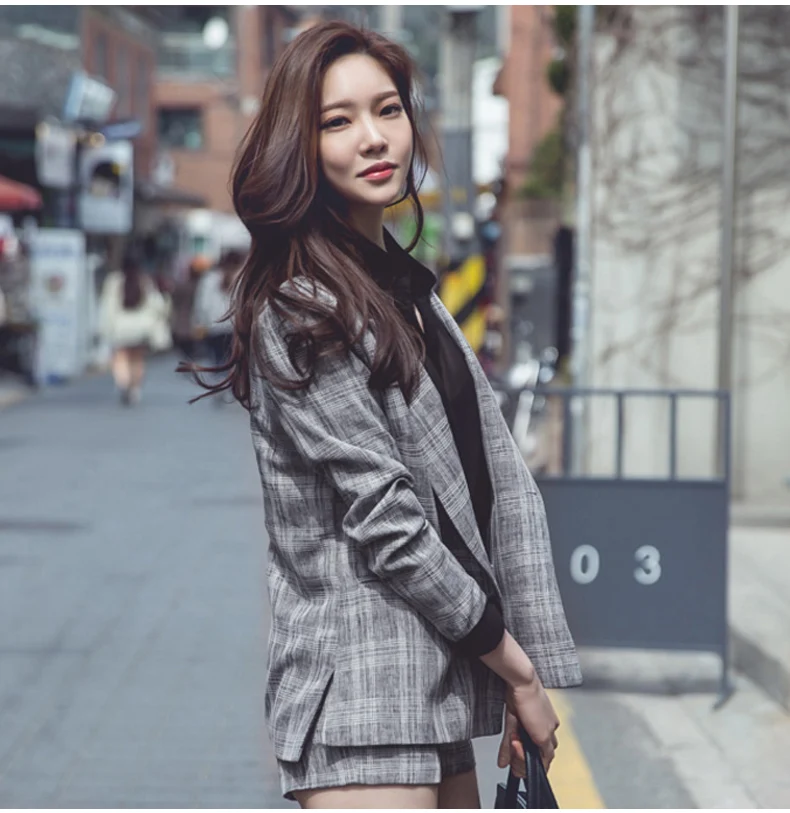 Женский комплект, корейский модный весенний Блейзер, костюм с лацканами, клетчатая куртка с длинными рукавами, блейзеры и шорты, офисный комплект из 2 предметов