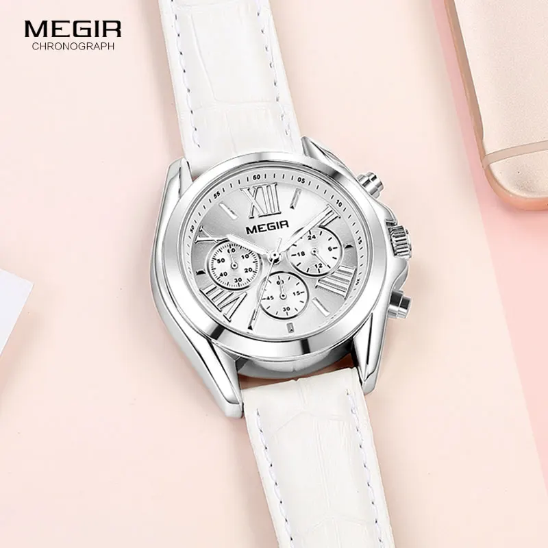 

MEGIR Women's Chronograph Quartz Watches Leather Casual Wristwatch Lady Top Brand 24 Hours Relogios Femininos Clock 2114 White