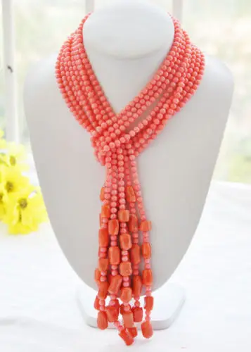 

real 4strands 50" 6mm pink round / cylindrical coral necklace 5.27