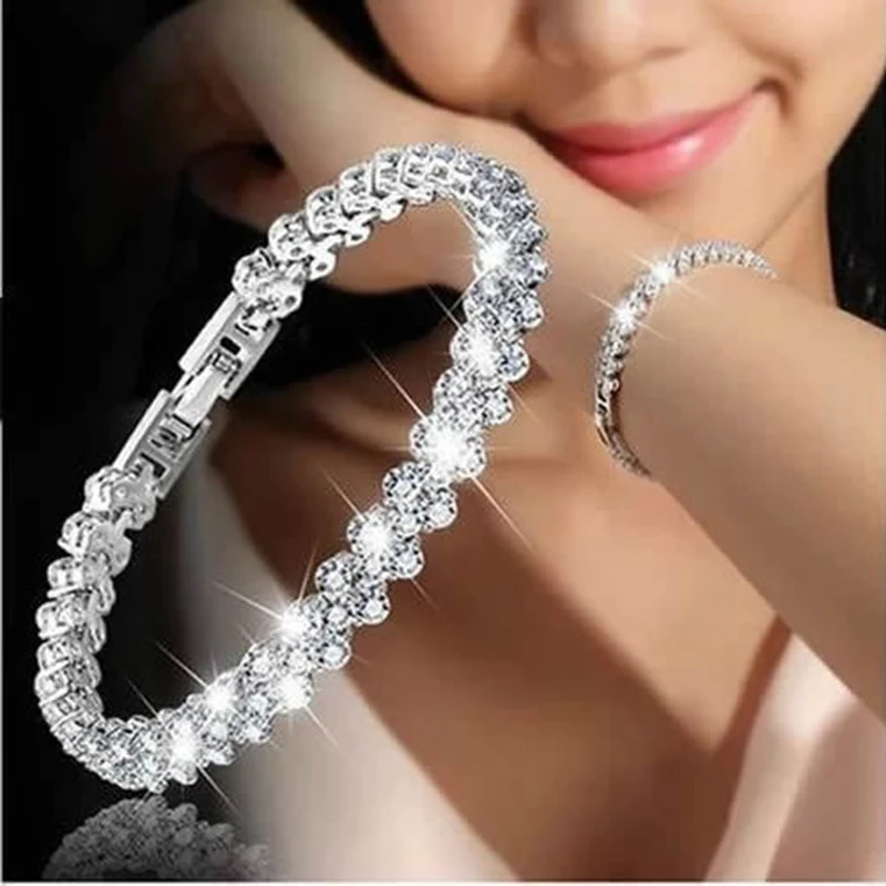 Women Silver Color Rose Gold Bracelet for Female Crystal Heart Charm Bracelet Women Bridal Wedding Fine Jewelry Gift 1