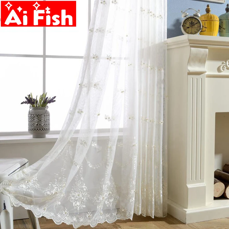 

White Beautifully Fairy Embroidery Pearl Screens Crafts Yarn Europe Country Style Gauze Curtain For Living Room Luxury AP267-30